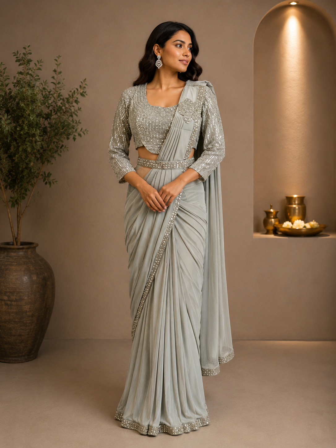 Grey Lycra Designer Saree with Heavy Embellished Blouse